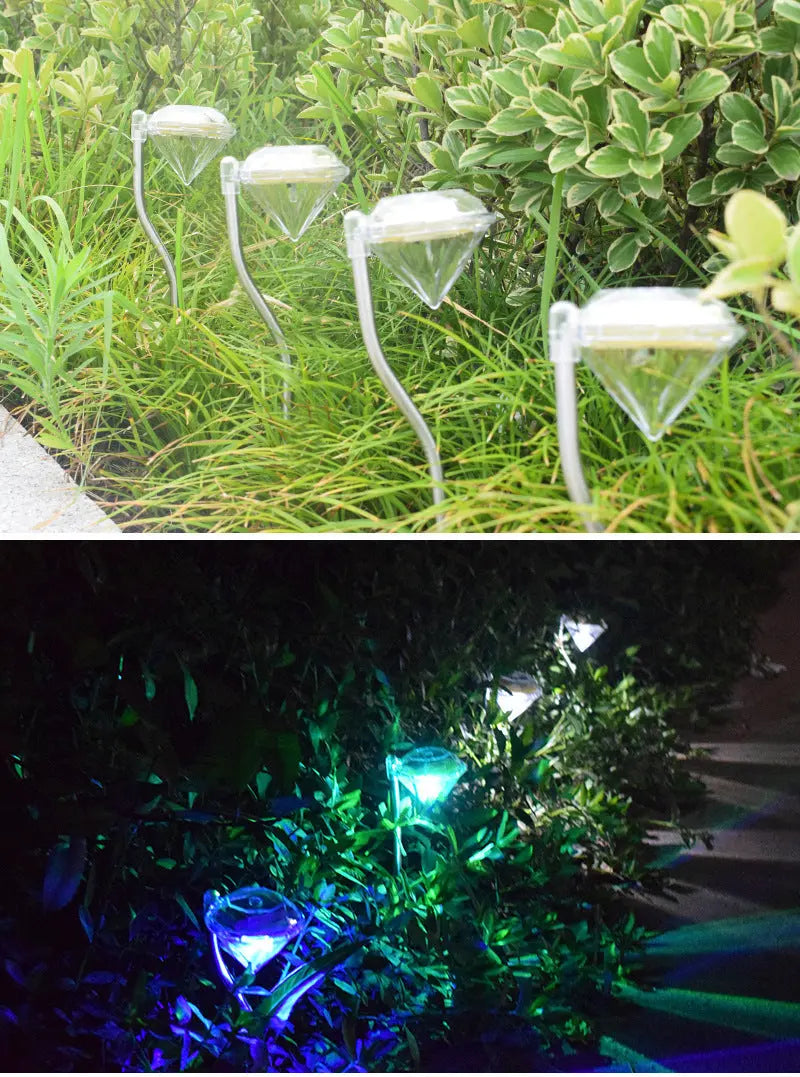 Solar-powered garden diamond light, available in white or multicolor, ideal for outdoor, yard, and fence decoration, IP55 waterproof, energy-efficient