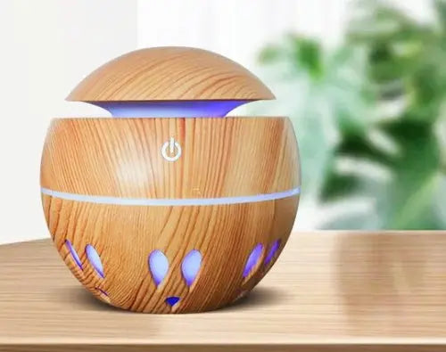 Wood grain aroma diffuser and USB air humidifier with colored lights for desktop or office use