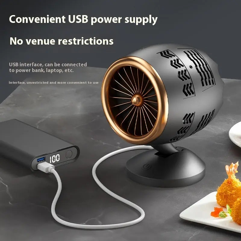 Portable small kitchen ventilator in black gold with filter element, USB-powered desktop smoke extractor fan

