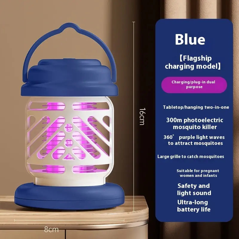 Blue mosquito killer lamp with features listed on a blue card