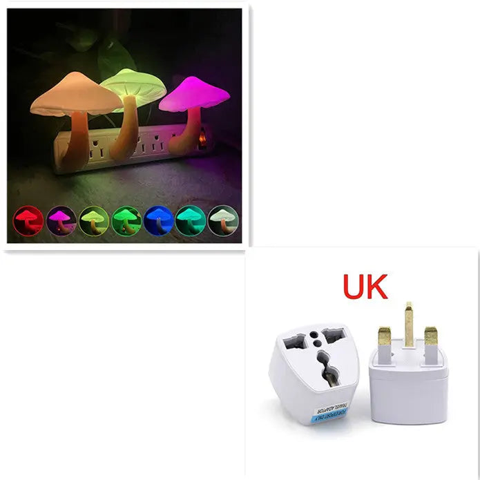 LED mushroom night light with light-control sensor, warm yellow light, EU US plug for bedroom, bathroom, and home decor