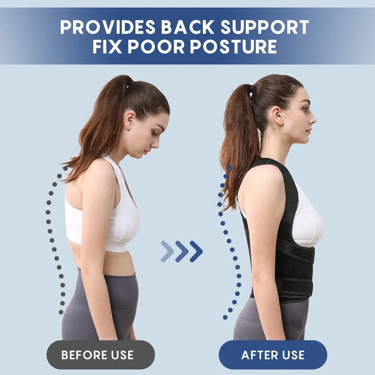 Person wearing back brace for improved posture and spinal alignment
