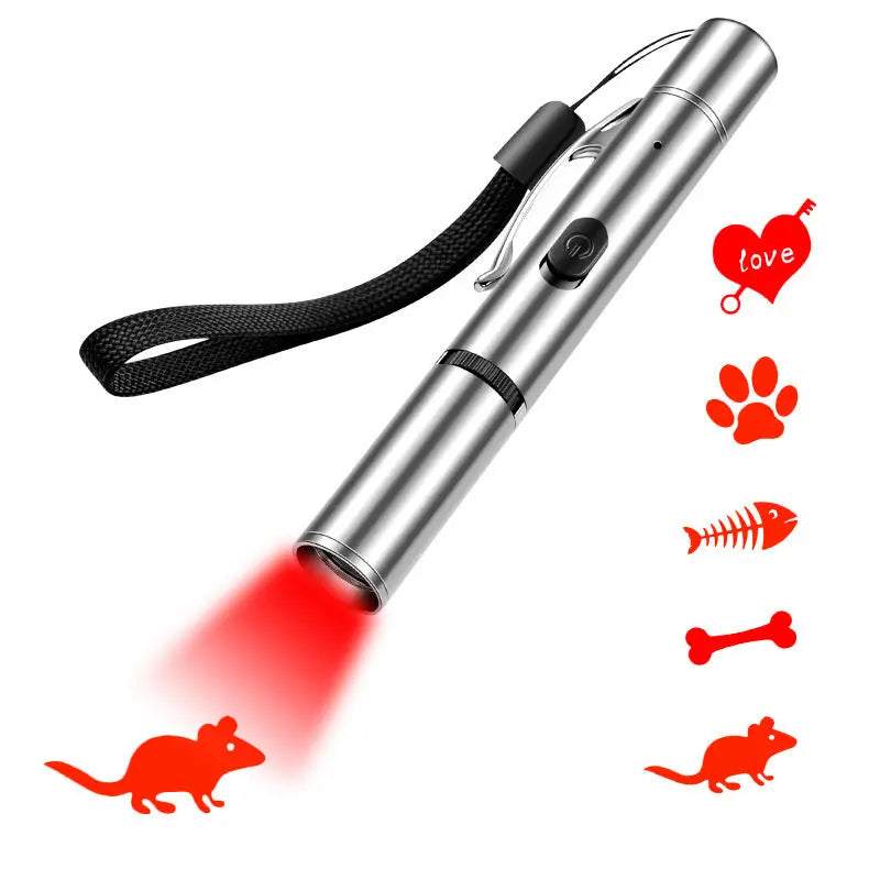 Charging projection cat teasing flashlight with red and green light projections, made from durable stainless steel for interactive play with pets