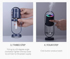 Two-step process of using a portable device with a hand tilting it and another hand pressing a button.