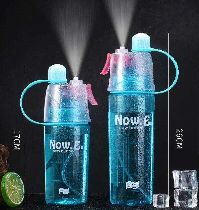Plastic spray bottle with cooling mist feature, leakproof lid, and ergonomic design