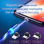 Magnetic charging cable with LED light, nylon braided, 3-in-1 USB connector for Type-C, Micro USB, and Lightning devices
