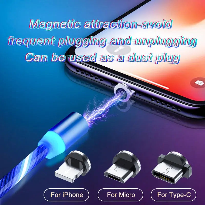 Magnetic charging cable with LED light, nylon braided, 3-in-1 USB connector for Type-C, Micro USB, and Lightning devices