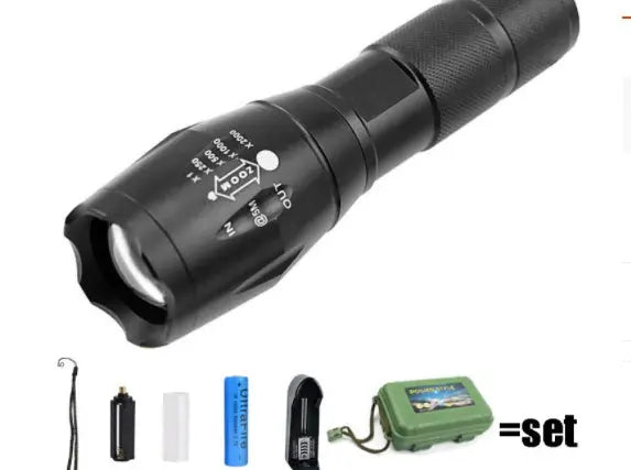 Rechargeable strong light flashlight with optical convex lens, telescopic focus, 5 light modes, and waterproof design, perfect for self-defense, camping, and outdoor use