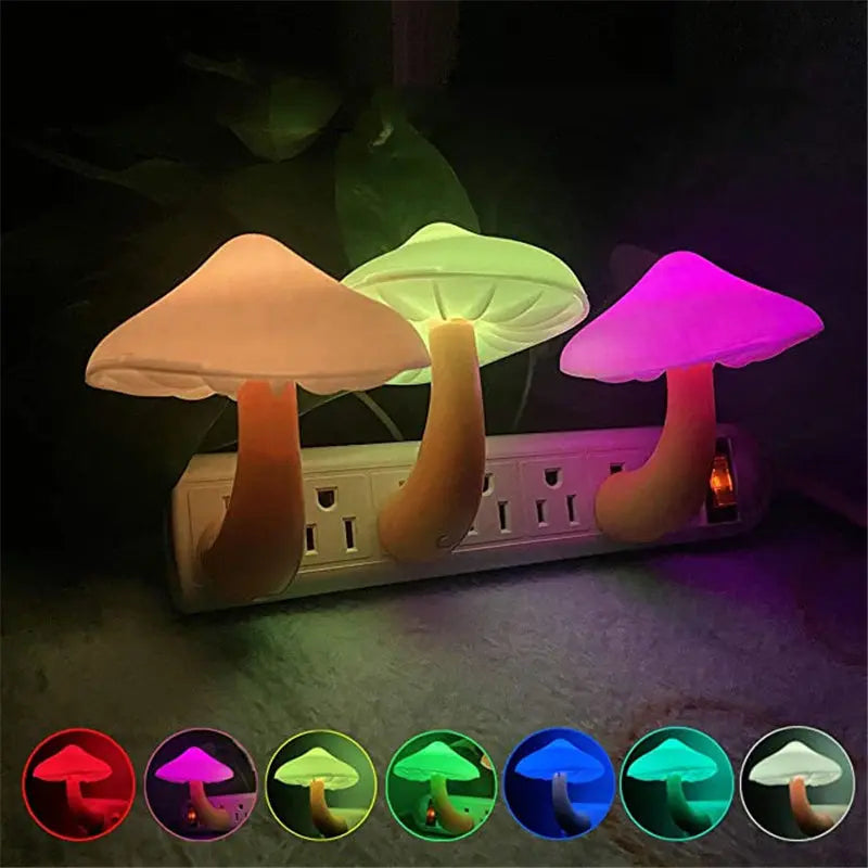 LED mushroom night light with light-control sensor, warm yellow light, EU US plug for bedroom, bathroom, and home decor