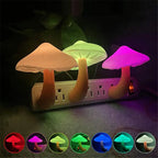 LED mushroom night light with light-control sensor, warm yellow light, EU US plug for bedroom, bathroom, and home decor