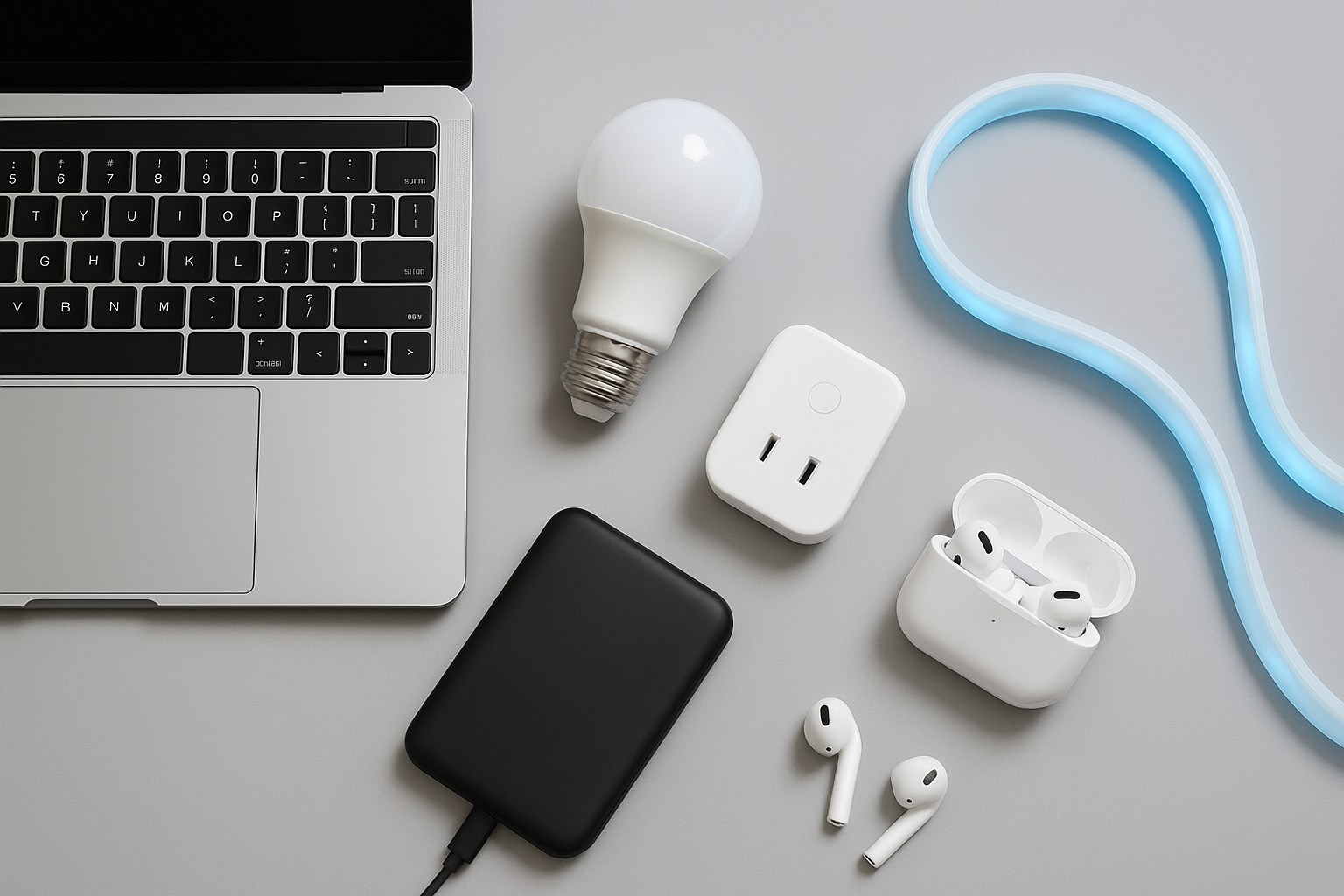 Flat-lay of tech gadgets and smart home devices on a modern desk for blog category