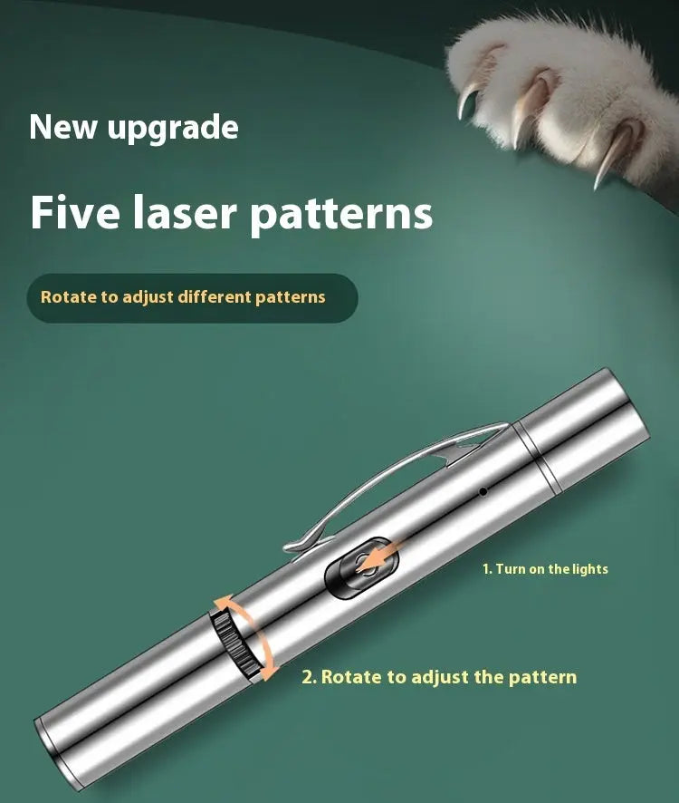 Charging projection cat teasing flashlight with red and green light projections, made from durable stainless steel for interactive play with pets