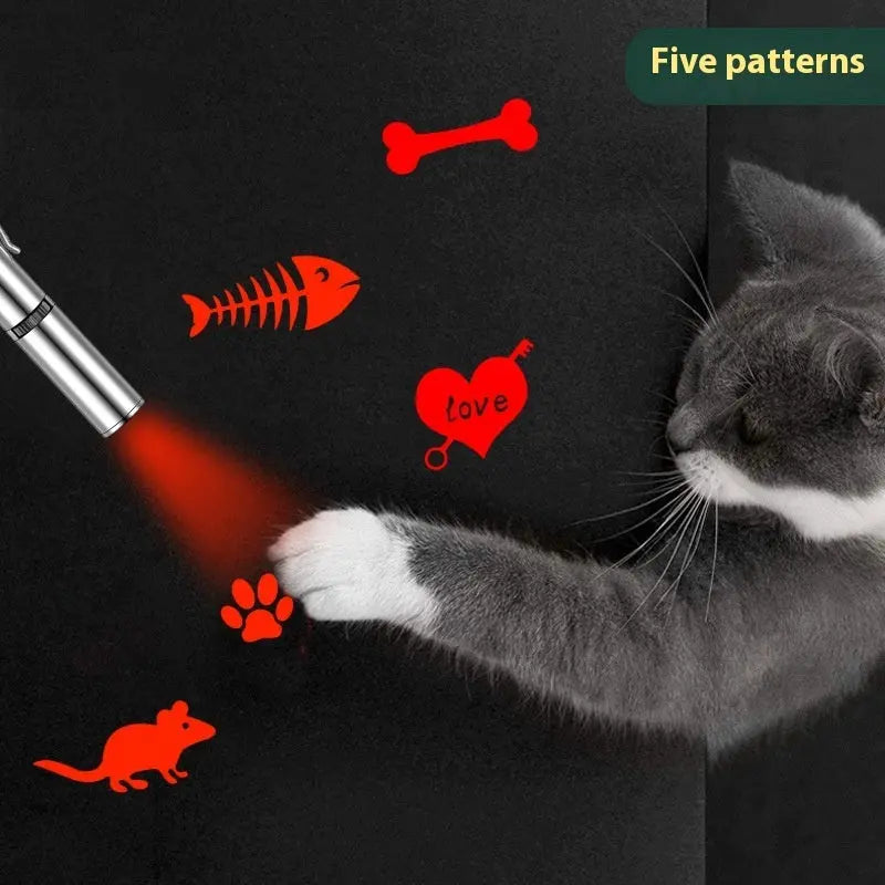 Charging projection cat teasing flashlight with red and green light projections, made from durable stainless steel for interactive play with pets