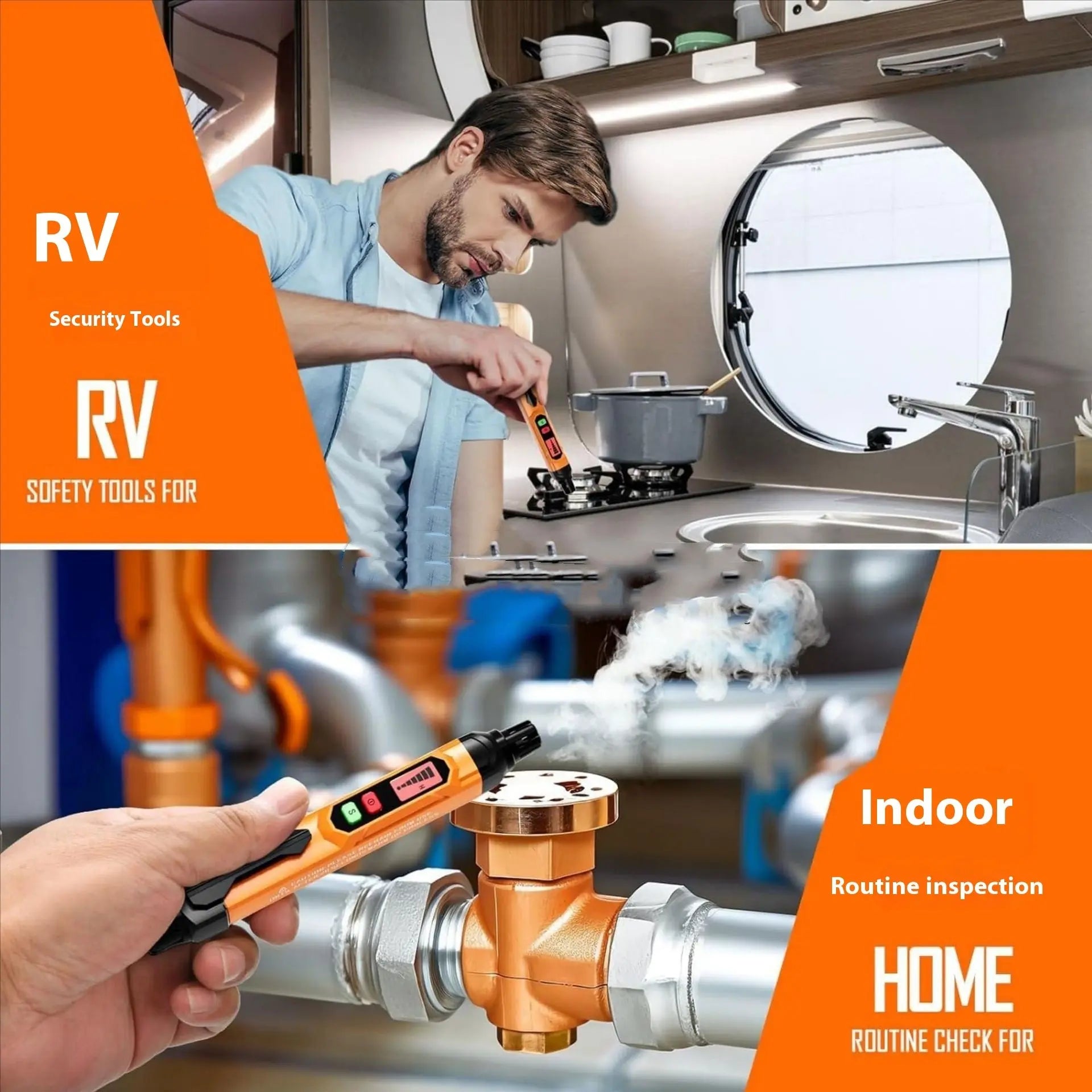 Gas leak detection pen-style tool held near a gas stove