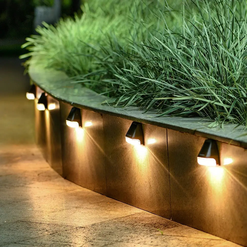 Solar outdoor LED wall light with rainproof design, ideal for courtyard, garden, stairs, and fence lighting