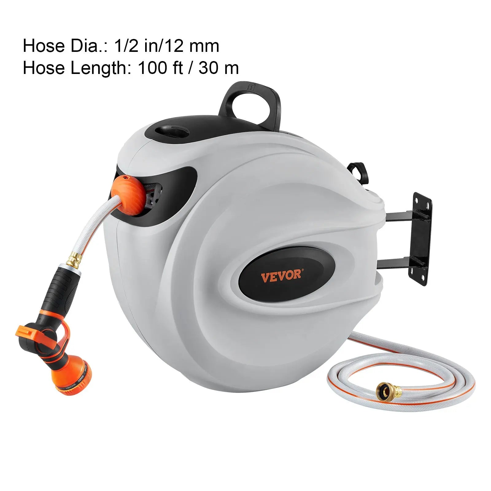 VEVOR Retractable Hose Reel with 9-Pattern Nozzle and Automatic Rewind, Wall-Mounted Garden Hose with Slow Return System