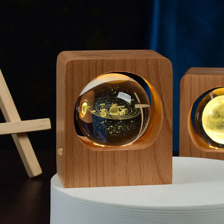 Beech Crystal Ball Night Light with 3D Laser Engraving of Elk and Jellyfish, USB Dimmable Lamp for Bedroom Decoration