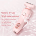 Pink electric shaver with water splashes and its washability.