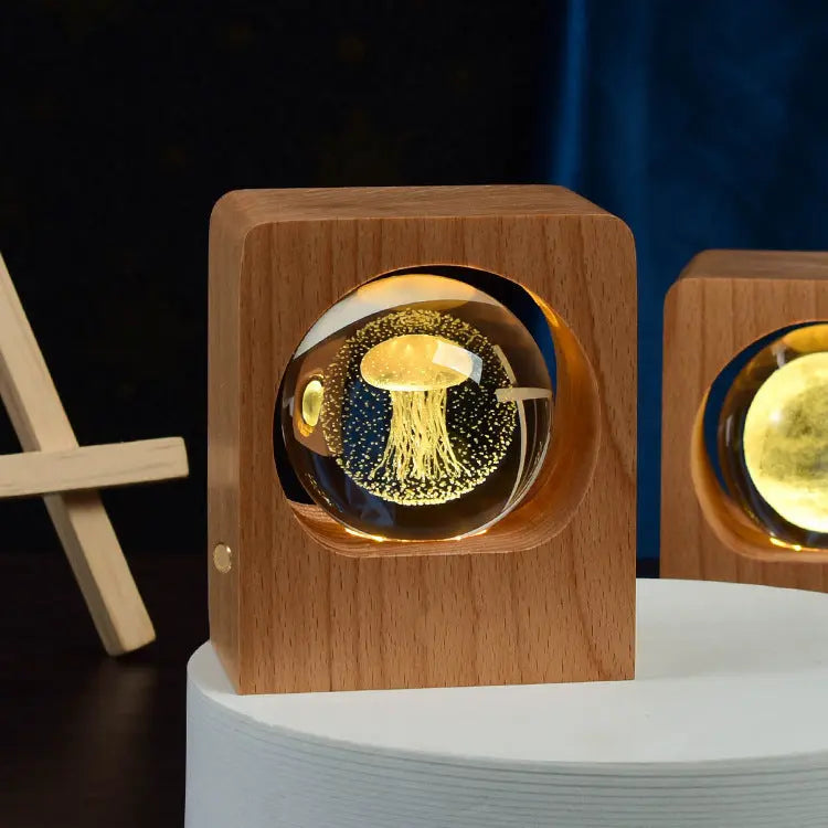 Beech Crystal Ball Night Light with 3D Laser Engraving of Elk and Jellyfish, USB Dimmable Lamp for Bedroom Decoration
