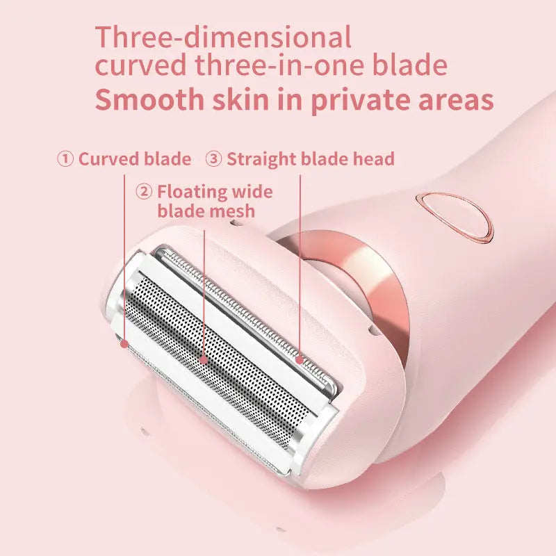 Three-dimensional curved three-in-one blade for smooth skin in private areas 