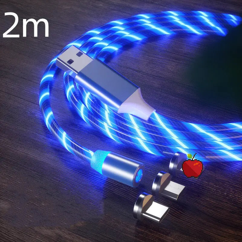 Magnetic charging cable with LED light, nylon braided, 3-in-1 USB connector for Type-C, Micro USB, and Lightning devices