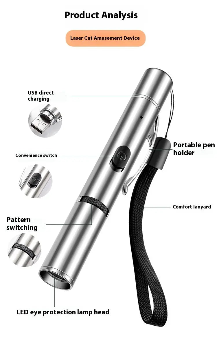 Charging projection cat teasing flashlight with red and green light projections, made from durable stainless steel for interactive play with pets