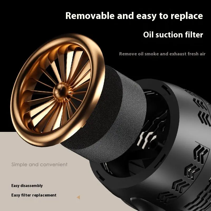 Portable small kitchen ventilator in black gold with filter element, USB-powered desktop smoke extractor fan