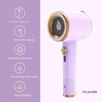 Iris purple hair dryer with gold accents on a light purple background, featuring text descriptions of features.