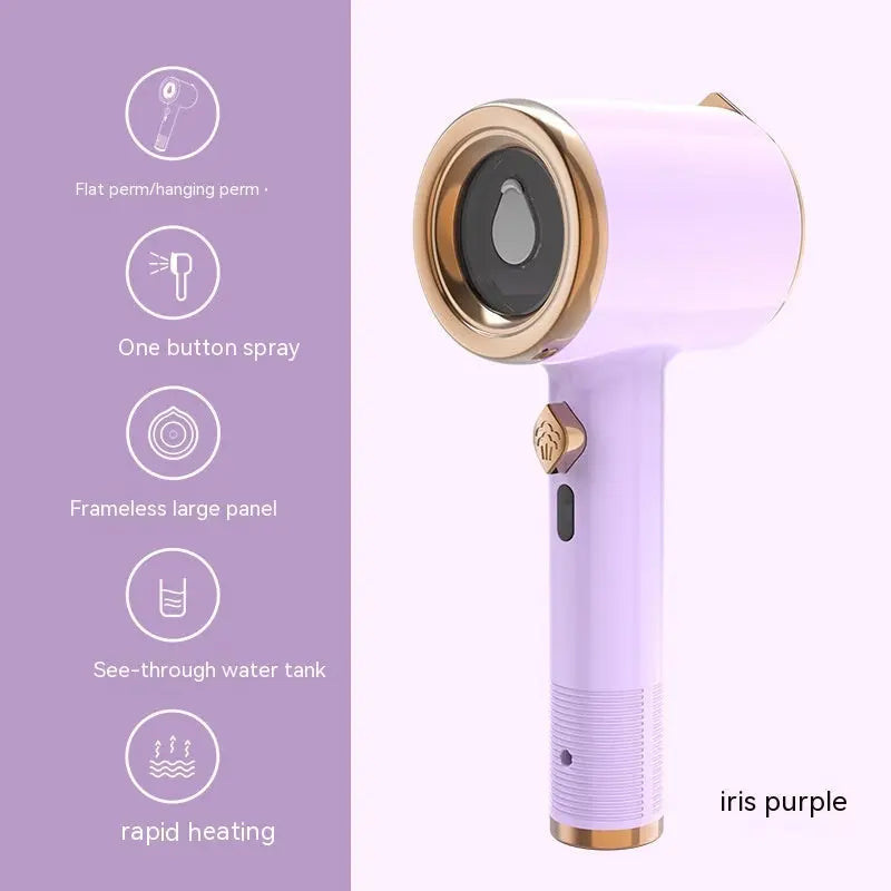 Iris purple hair dryer with gold accents on a light purple background, featuring text descriptions of features.