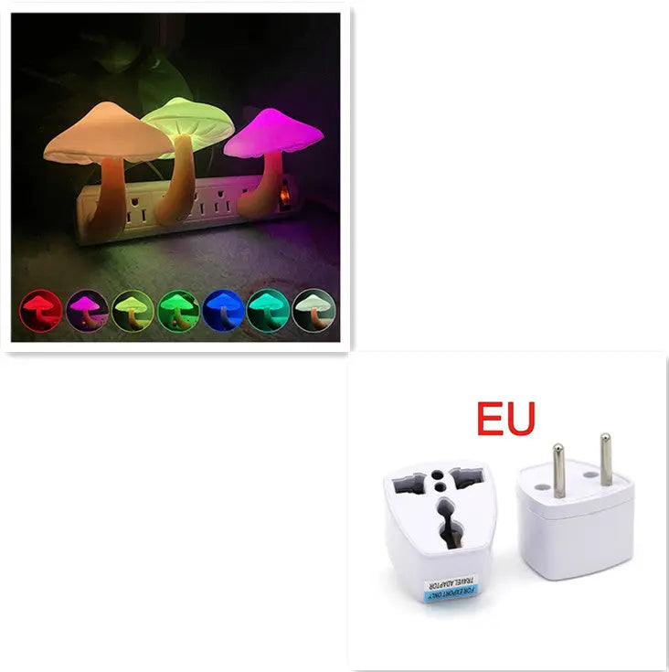 LED mushroom night light with light-control sensor, warm yellow light, EU US plug for bedroom, bathroom, and home decor
