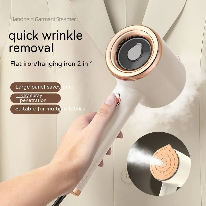 Handheld garment steamer with quick wrinkle removal and features, held by a hand.