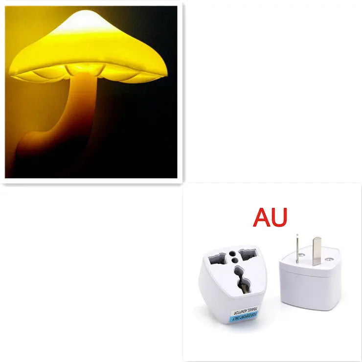 LED mushroom night light with light-control sensor, warm yellow light, EU US plug for bedroom, bathroom, and home decor
