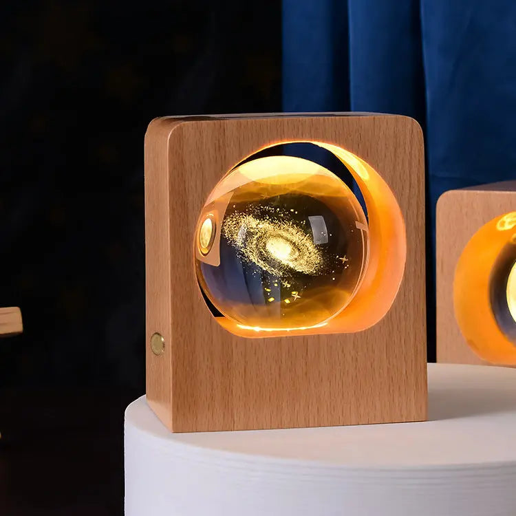 Beech Crystal Ball Night Light with 3D Laser Engraving of Elk and Jellyfish, USB Dimmable Lamp for Bedroom Decoration