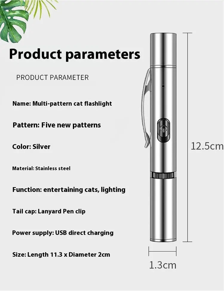 Charging projection cat teasing flashlight with red and green light projections, made from durable stainless steel for interactive play with pets