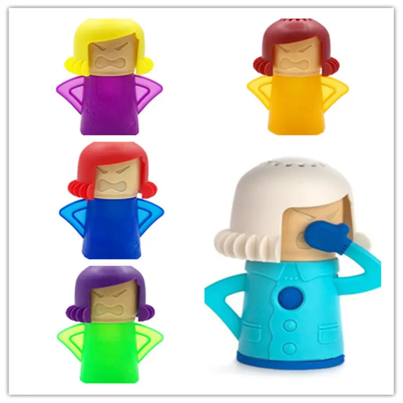 Hand using steam cleaner to remove grease inside kitchen microwave