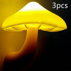 LED mushroom night light with light-control sensor, warm yellow light, EU US plug for bedroom, bathroom, and home decor