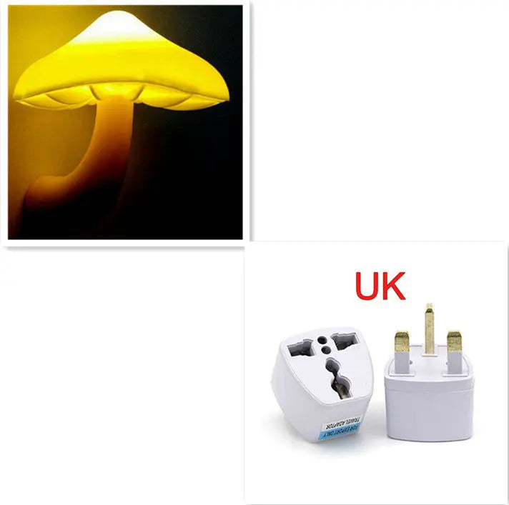 LED mushroom night light with light-control sensor, warm yellow light, EU US plug for bedroom, bathroom, and home decor